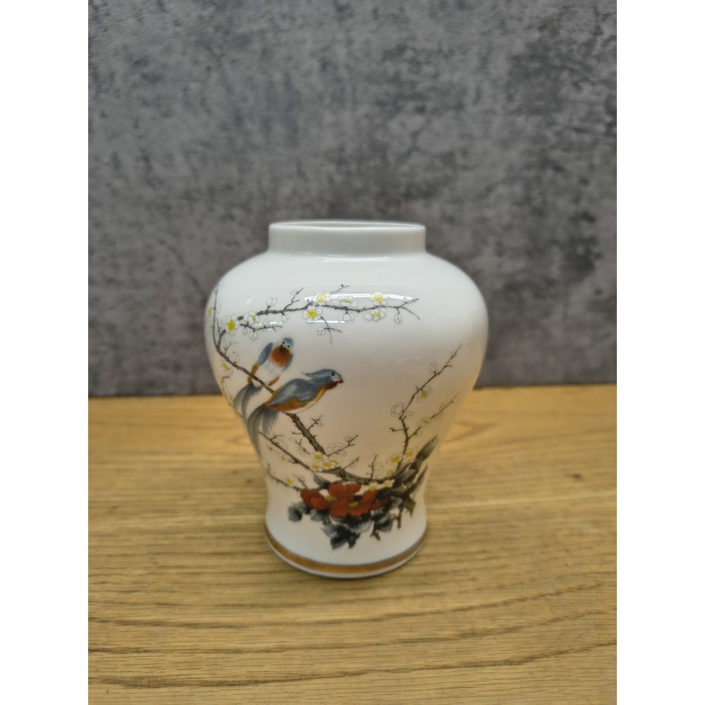 Vintage Japanese Porcelain Vase w/Birds & Cherry Blossoms by JAY FINE CHINA